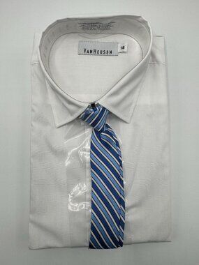 Van Heusen Boys White Dress Shirt-18 Regular-Blue Striped Clip Tie Long Sleeve